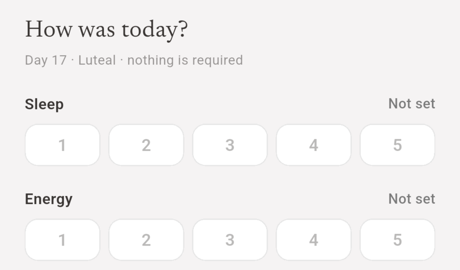 Laumė daily check-in screen with sleep, energy and mood scales